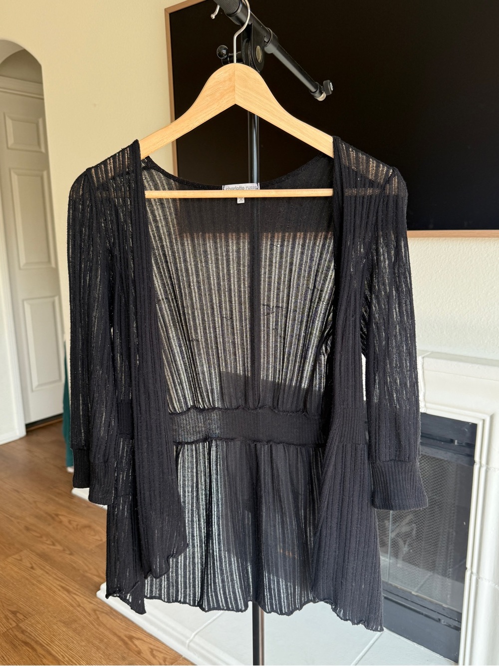 Vintage Charlotte Russe Black Sheer Ribbed Cardigan Size M 90's Y2K Fairy Grunge